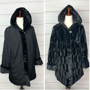 NWT New Dennis Basso Hooded Reversible Black Faux Fur Short Coat Jacket S